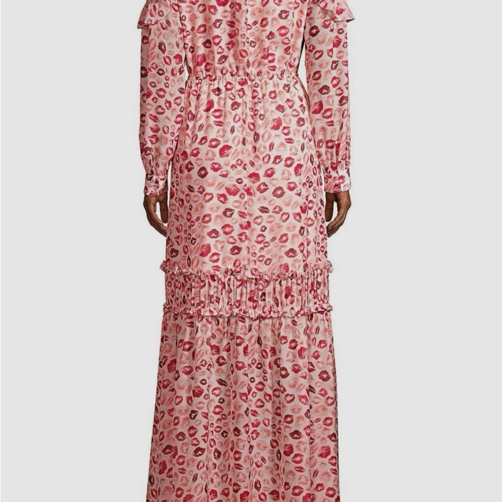 Rachel Zoe 100% Silk NWT Lipstick Print Maxi Ruffle Dress - Picture 3 of 11